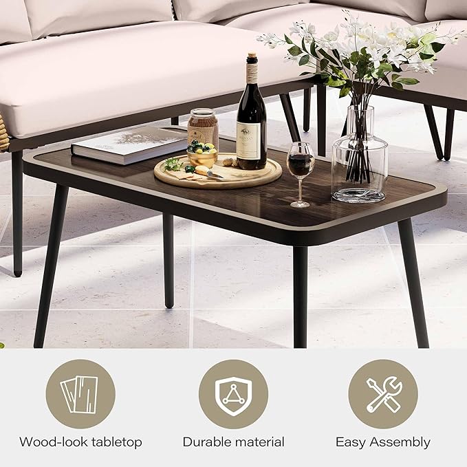 LAUSAINT HOME 6 Pieces L-Shaped Outdoor Furniture Set, Wicker Rattan Patio Sectional, Conversation Sofa Set with Coffee Table and Soft Cushions for Poolside, Patio, Yard, Beige