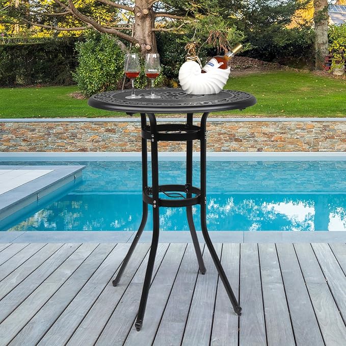 32" Cast Aluminum Outdoor Dining Side Table,Round Patio Dining Table,All-Weather Outdoor Dining Table,Patio Coffee Bistro Table,with Umbrella Hole,for Garden Pool Deck Lawn Backyard (Black)