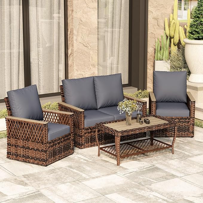 MELLCOM 4 Pieces Patio Furniture Set, Outdoor Wicker Chairs with Loveseats and Coffee Table, All-Weather Patio Conversation Set with Water-Resistant Cushions and High Back for Garden, Backyard