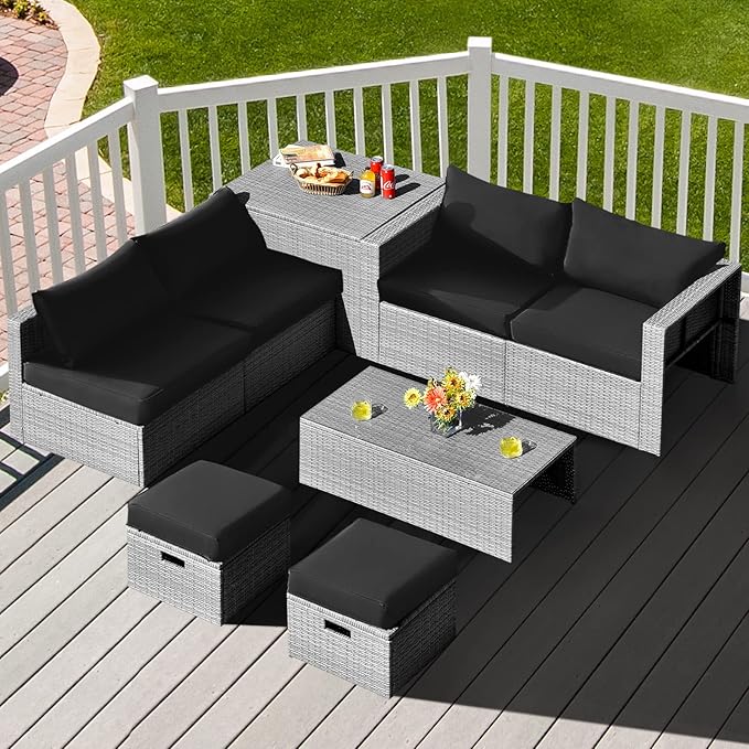 DORTALA 8 Pieces Patio Furniture Set, PE Rattan Sectional Sofa Set with Tempered Glass Table & Waterproof Cushions, Outdoor Wicker Conversation Set for Balcony, Poolside, Black