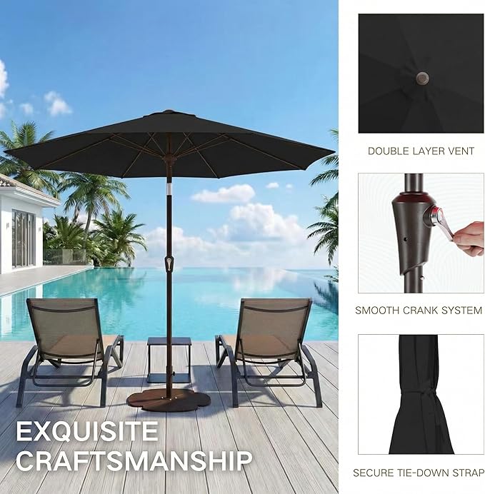 Kingdura 9FT Outdoor Patio Umbrella, Market Table Umbrella with Push Button Tilt and Crank, 8 Sturdy Fiberglass Ribs, UV Protection for Pool, Lawn, Deck, Backyard, Garden (Black)