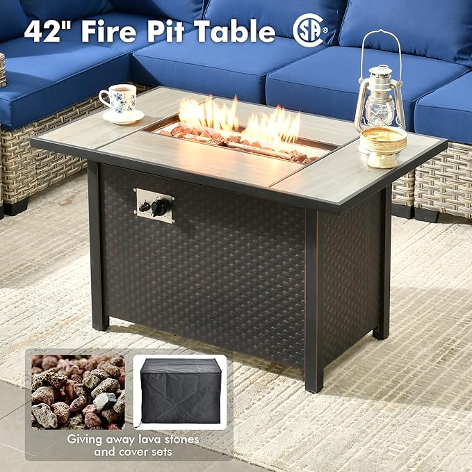 Weaxty 10 Pieces Outdoor Patio Furniture Set with Swivel Rocking Chair, Outdoor Sectional Sofa Couch Wicker Modular Patio Conversation Set w/42 Fire Pit and Coffee Side Table,Navy Blue