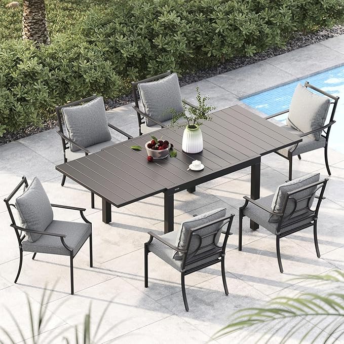 Grand patio 7-Piece Patio Dining Set for 6, 6 E-Coated Outdoor Dining Set Fixed Patio Dining Chairs with Olefin Cushions & 1 Black Extendable Rectangular Table for 4-6 Person