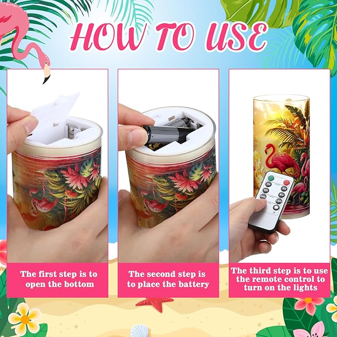 Tujoe 3 Pcs Summer Flamingo Flameless Candles LED Battery Pillar Candles Set Battery Operated Flickering Gifts with Remote Summer Decor for Holiday Decoration