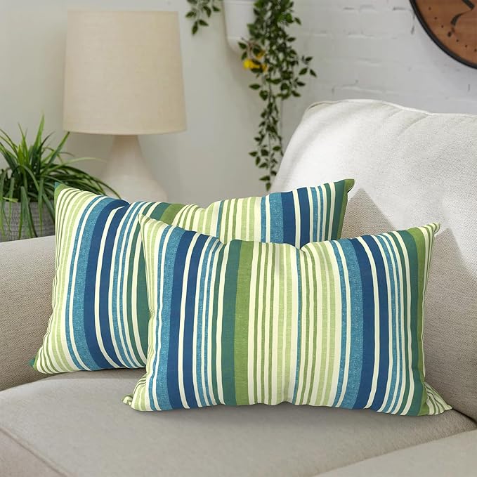 DYTXIII Pack of 2 Waterproof Outdoor Lumbar Pillow with Inserts, 12x20 in Rectangle Decorative Patio Throw Pillow for Home, Sofa,Bench and Patio Furniture, Stripe Blue Green