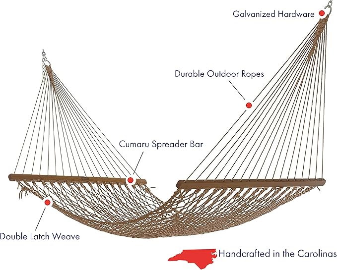 Nags Head Hammocks First Mate Mocha DuraCord Rope Hammock – 12 ft. x 50 in., 450 lb Capacity, Cumaru Spreader Bar, Galvanized Hardware, Handcrafted in USA, Free Chains & Tree Hooks