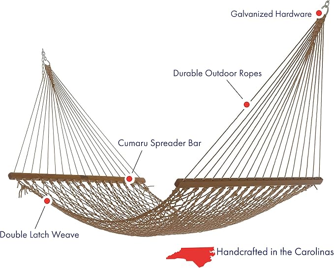 Nags Head Hammocks Admiral Mocha DuraCord Rope Hammock – 13 ft. x 60 in., 2-Person, 450 lb Capacity, Cumaru Spreader Bar, Free Chains & Tree Hooks, Handcrafted in The USA