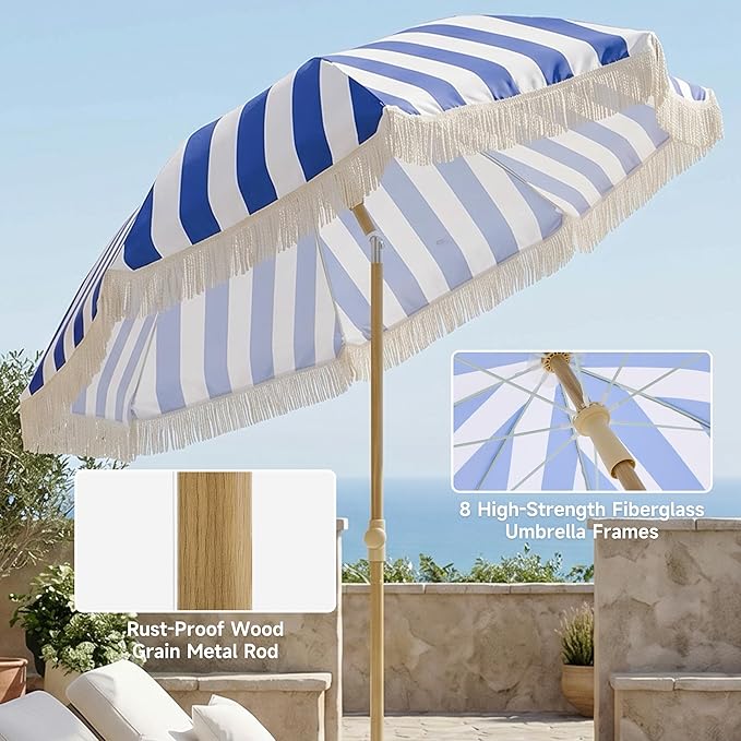 6.5FT Boho Patio Umberlla with Fringe,UPF50+ Outdoor Umbrella with Fiberglass Ribs and Push Button Tilt,Tassels Umbrella for Beach,Terrace,Picnic