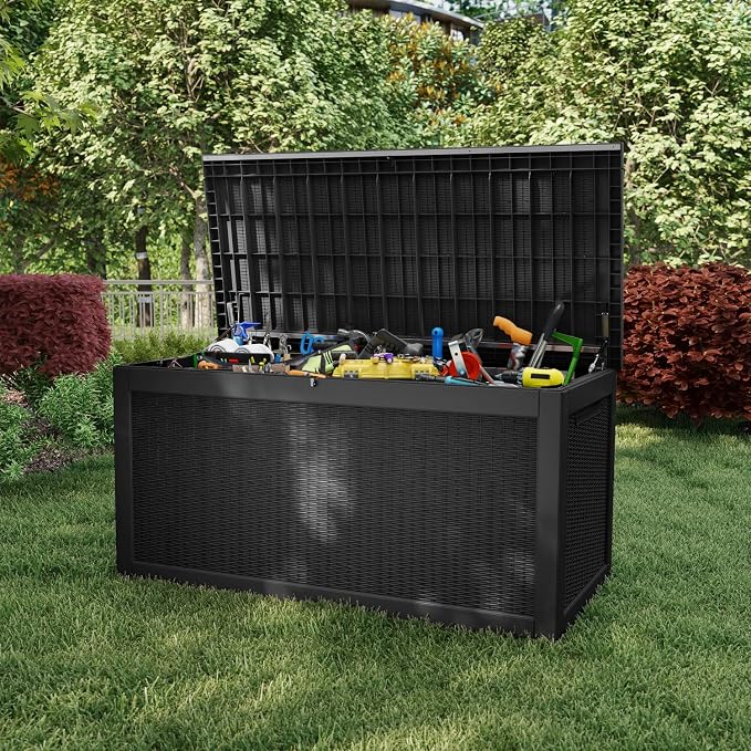 Large Outdoor Storage Box Waterproof, UV Resistant Resin Deck Box for Patio Furniture,Garden Tools,Cushions (Black, 320 Gallon)