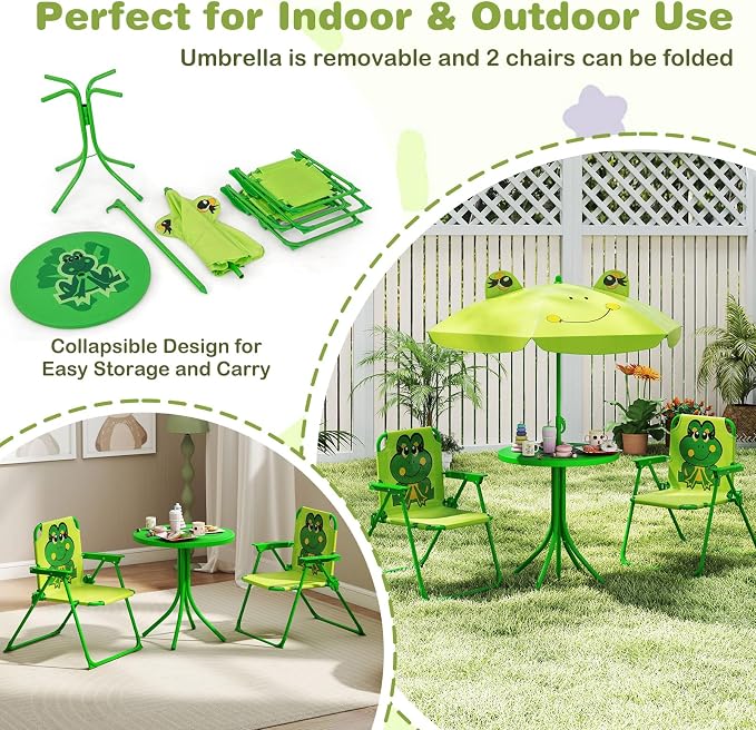 KOTEK Kids Picnic Table with Umbrella, Outdoor Table & 2 Folding Chairs, Cute Pattern Children’s Patio Furniture, Portable Kids Table and Chair Set for Backyard, Garden, Beach (Bright Green)