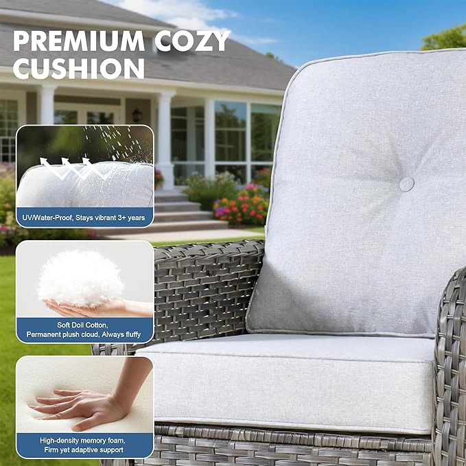 Weaxty Wicker Patio Furniture Set with Swivel Rocker Chairs Outdoor Loveseat Sofa and Rattan Coffee Table, 5 Pieces Outdoor Conversation Sets for Patio Porch Deck Backyard Poolside, Light Gray