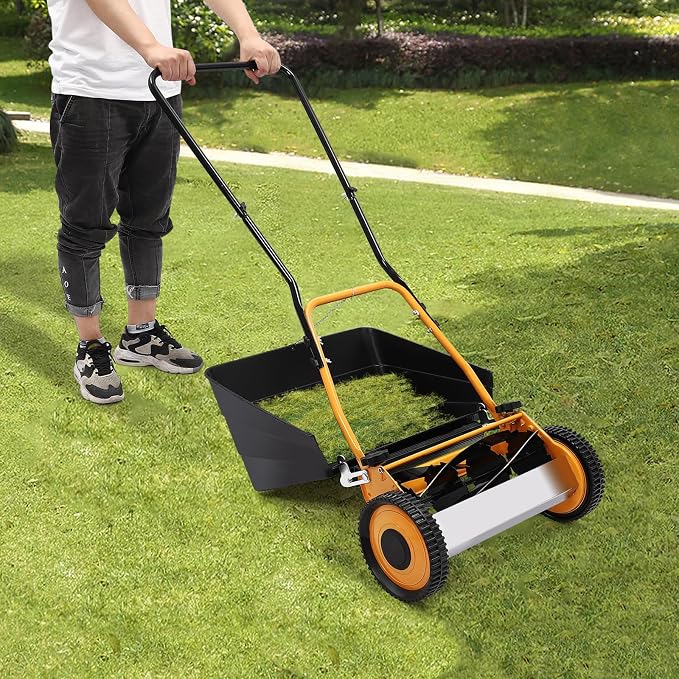 Manual Mowers 16-Inch 5-Blade Push Reel Lawn Mower with Detachable Grass Collecting Box Hand Push Lawn Mower with Adjustable Cutting Height for Garden, Yard 2 Wheels 2-in-1 Function