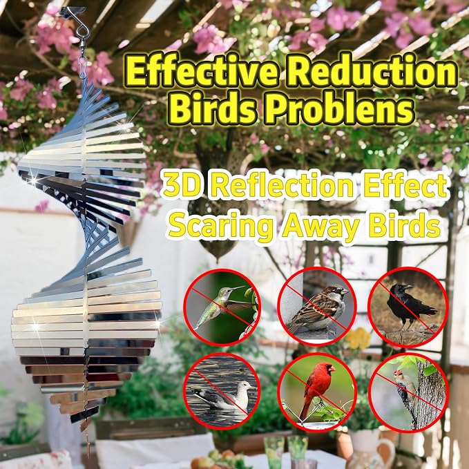 Hanging Wind Spinners,3D Spiral Highly Reflective Stainless Steel Metal Wind Spinner Outdoor Garden Decor,Bird Devices Deterrent to Scare Away Yard Birds 13.8in