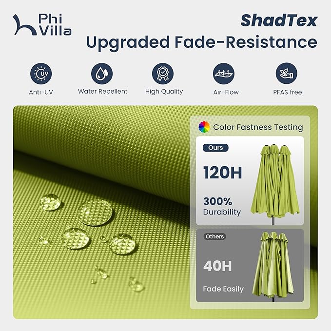 PHI VILLA 15 ft Umbrella Outdoor Patio Solar Lights with Base, Outdoor Double-Sided Large Market Rectangle Umbrellas with 36 LED Lights, Lime Green