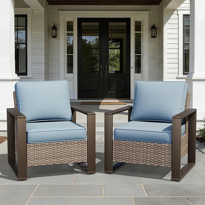 Joyside Outdoor Patio Chairs Set, 2 Pieces Wicker Rattan Chairs with Metal Wide Armrest, Thick Cushions and Deep Seating for Garden, Backyard, Porch, Deck