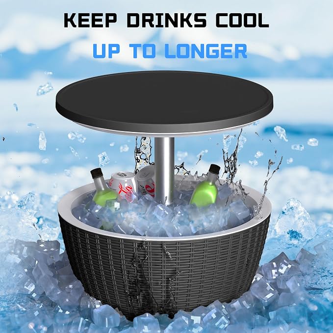 Outdoor Cooler Table – Adjustable Height with Built-in Ice Cooler Side Table, Resin Cool Bar for Patio, Party, Pool, Garden(Black)
