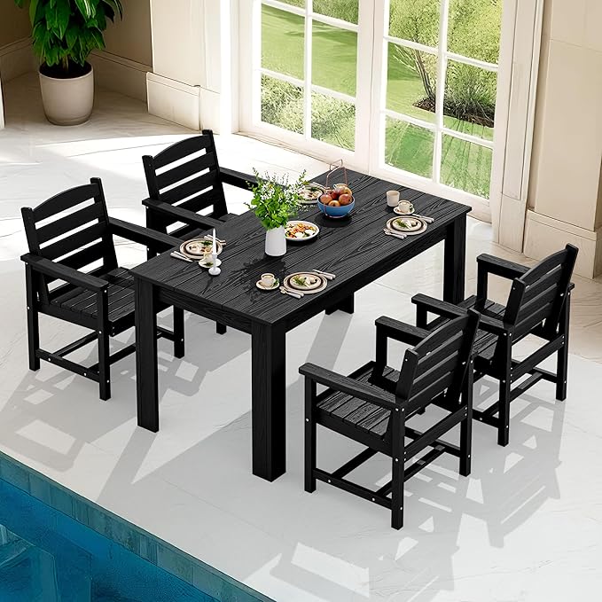 SERWALL Patio Dining Set for 4, Outdoor Dining Sets for 4 Person with 1 Umbrella Hole Cut-Out Rectangular Table and 4 Chairs, HDPE Dining Sets for Garden, Backyard, Poolside, Black