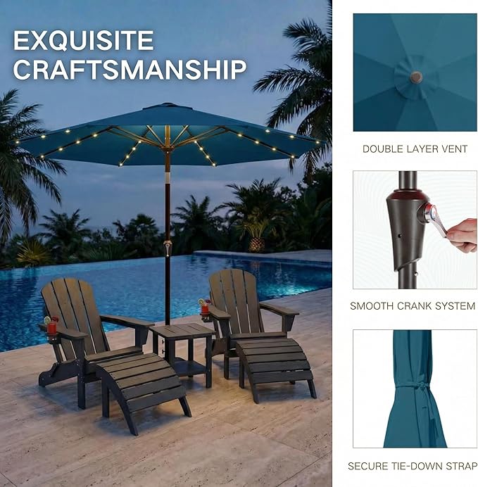 Kingdura 9FT Outdoor Patio Umbrella with Solar Lights, Market Table Umbrella with Push Button Tilt & Crank, 8 Sturdy Ribs, 32 LED Lights, UV Protection for Garden Lawn Deck Backyard Pool (Lake blue)