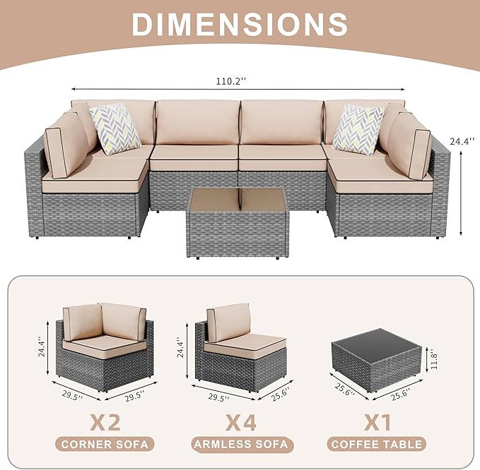 JAMFLY 7-Piece Outdoor Patio Furniture Set, Modular PE Rattan Sectional Sofa with Thick Cushions & Glass Coffee Table, Weather-Resistant Wicker Conversation Set for Poolside, Balcony, Garden, Khaki