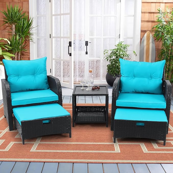5 Piece Outdoor Chairs with Ottoman Underneath, Wicker Patio Furniture Set with Ottomans, Outdoor Conversation Set Bistro Chairs for Patio Porch Backyard Balcony, Lakeblue