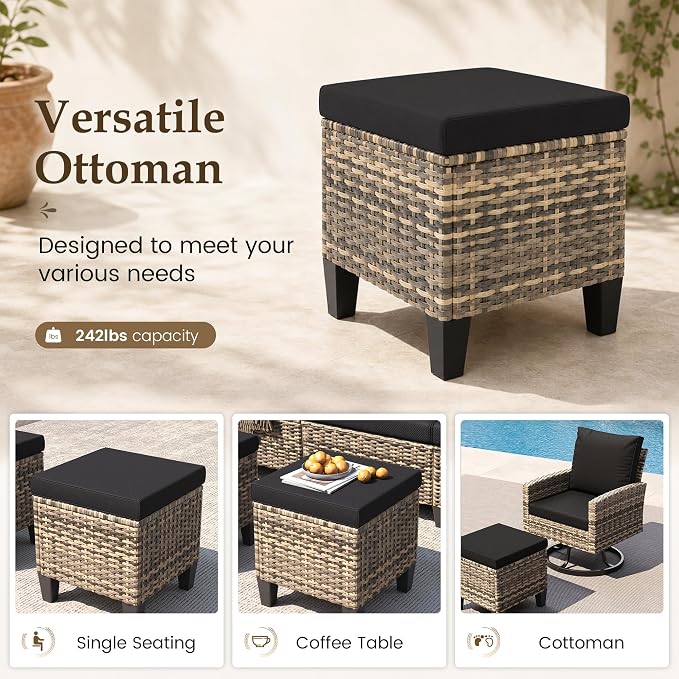 UDPATIO Patio Furniture Set with Fire Pit Table, 7 Pieces Outdoor Conversation Sets with Swivel Chairs and Ottomans, All-Weather Rattan Wicker Patio Sofa Couch for Backyard, Deck, Porch, Black/Yellow