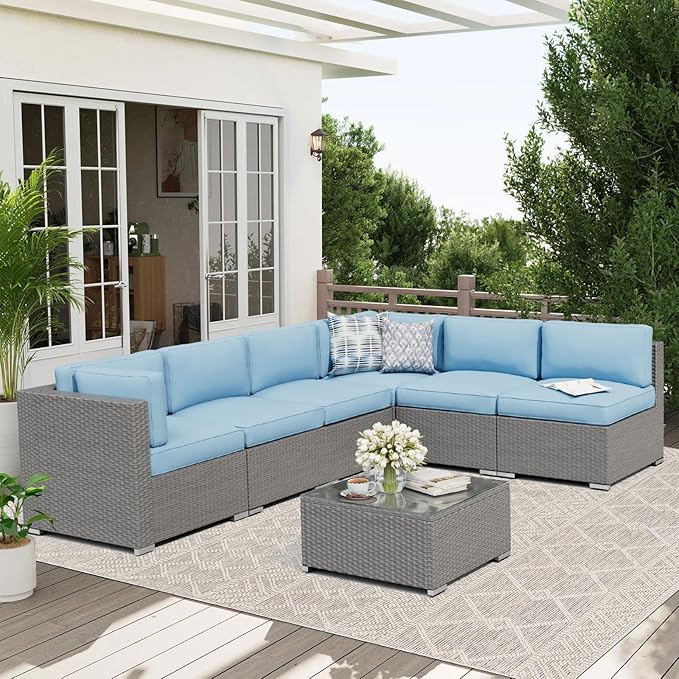 Oakcloud 7-Piece Outdoor Patio Furniture Sofa Set Grey Rattan Wicker Sectional Conversation Sets with Glass Top Table and Cushions(Haze Blue)