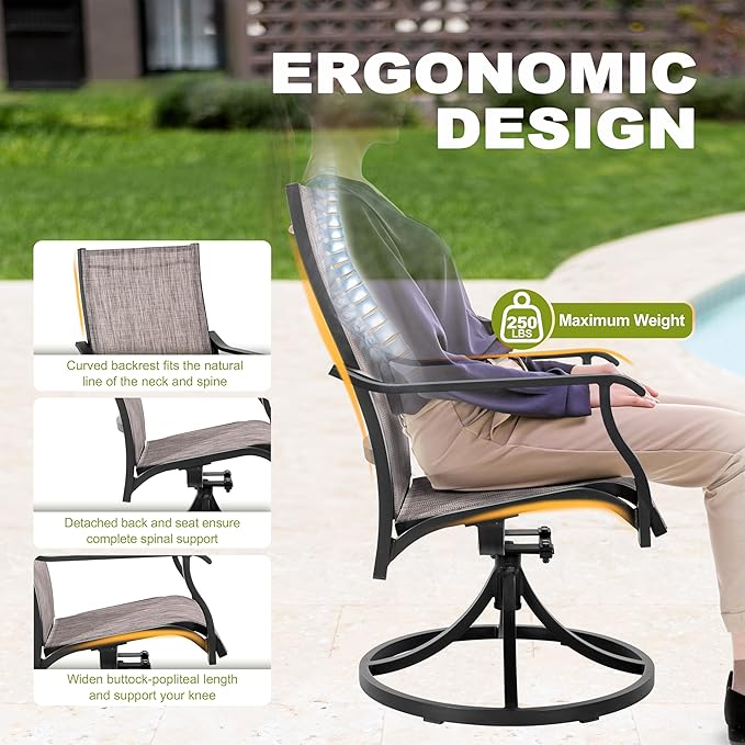 NUU GARDEN 5 Piece Outdoor Dining Set, Aluminum Patio Dining Set Include Weather-Resistant Table with 1.97" Umbrella Hole and 4 Textilene Swivel Chairs, for Garden,Backyard, Brown and Black