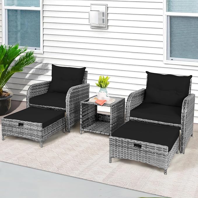 5 Pieces Wicker Outdoor Patio Chairs with Ottoman, PE Wicker Rattan Patio Conversation Furniture Set with Underneath Footrest, Wicker Outdoor Patio Chairs and Ottoman Set with Table, Black