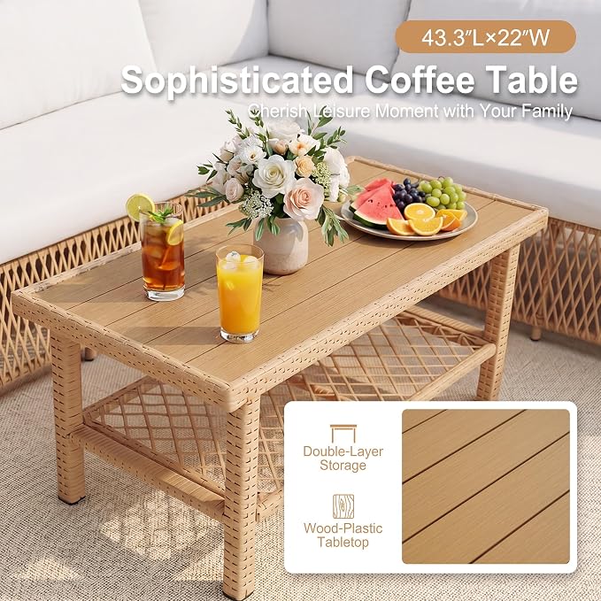 Patio Furniture Set 6-Seater Large Outdoor Sectional Modular L-Shaped Outdoor Furniture with Thick Cushion All Weather Wicker Boho Patio Conversation Sets for Deck, Backyard