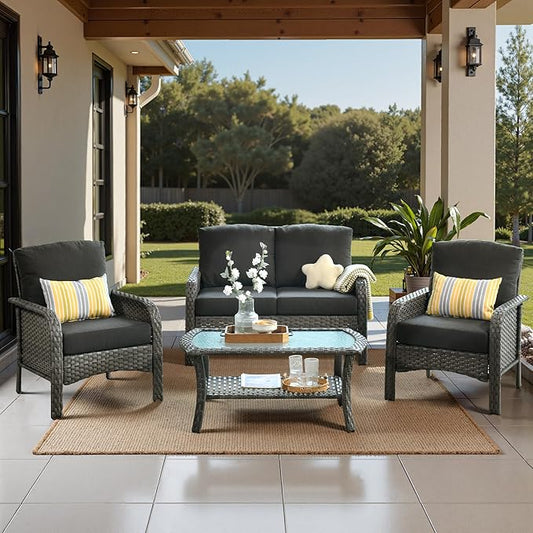 Weaxty Wicker Patio Furniture Set High Back Loveseat Sofa Couch Armchair Coffee Table, All Weather Rattan 4 Pieces Outdoor Conversation Sets for Patio Porch Deck Backyard Poolside, Black