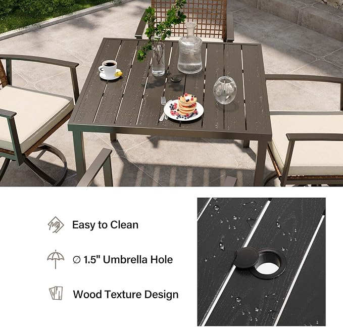 LAUSAINT HOME Outdoor Dining Table for 4, Square Table with Umbrella Hole, Weather Resistant Heavy Duty Metal Frame Table for Lawn Garden Backyard, L37 xW37 xH29