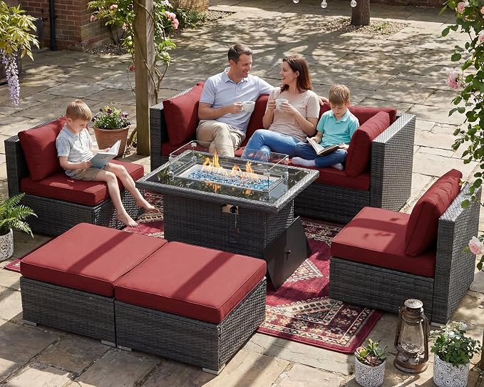 RADIATA 7 Piece Wicker Patio Furniture Set with Fire Pit, All-Weather Outdoor Sectional Couch High Back Large Size, Modular Backyard Seating Sofa Set with Propane/Natural Gas Firepit Table, Grey&Red