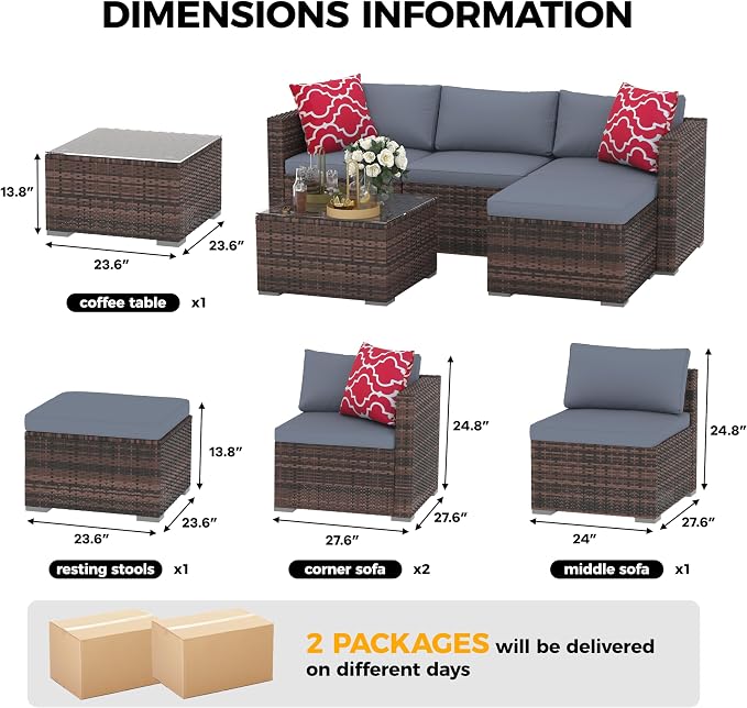 Garvee 5 Pieces Patio Furniture Set, Outdoor Glass Table and Cushions with Rattan Wicker Chairs, Patio Furniture Set for Porch, Balcony, Backyard, Garden, Brown & Grey