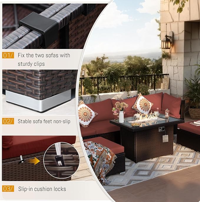 BULEXYARD 13 Piece High Back Wicker Patio Furniture Sets with Fire Pit, Elegant XL Oversized Outdoor Seating Set Modular, Comfy Extra Deep Wide 12-Person Sectional Couch Sofa for Backyard, Brown & Red
