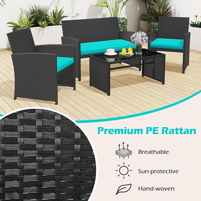 RELAX4LIFE 8-Piece Patio Furniture Set - Wicker Rattan Outdoor Sectional Sofa Set w/Glass Coffee Table, Loveseat, Chairs & Soft Cushions, Bistro Conversation for Garden Porch (2, Black-Turquoise)