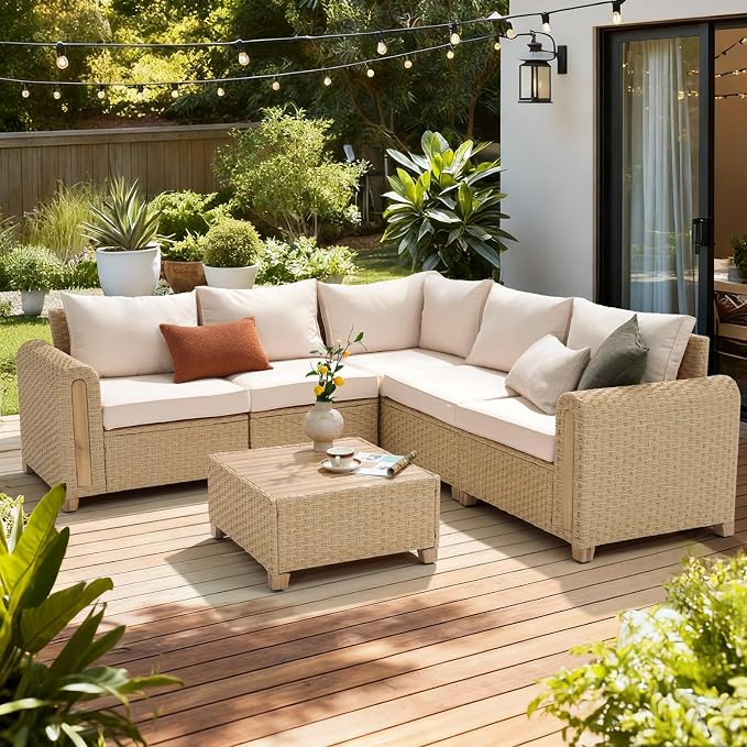 SUNSITT 6-Piece Patio Furniture Set, Outdoor Wicker & Acacia Wood Sectional Sofa Set, Patio Modular Design Conversation Sets with Coffee Table & Thick Comfy Cushion for Porch, Garden, Natural Color