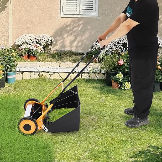 Lawnmower, Wheeled Lawn Mower, Hand Push Lawn Mower, Manual Lawn Mower, Adjustable Cutting Height Push Mower Manual, Walk-Behind Lawn Mowers, Rotary Mower, 2 Wheels, Easy to Use (14" Orange, Black)