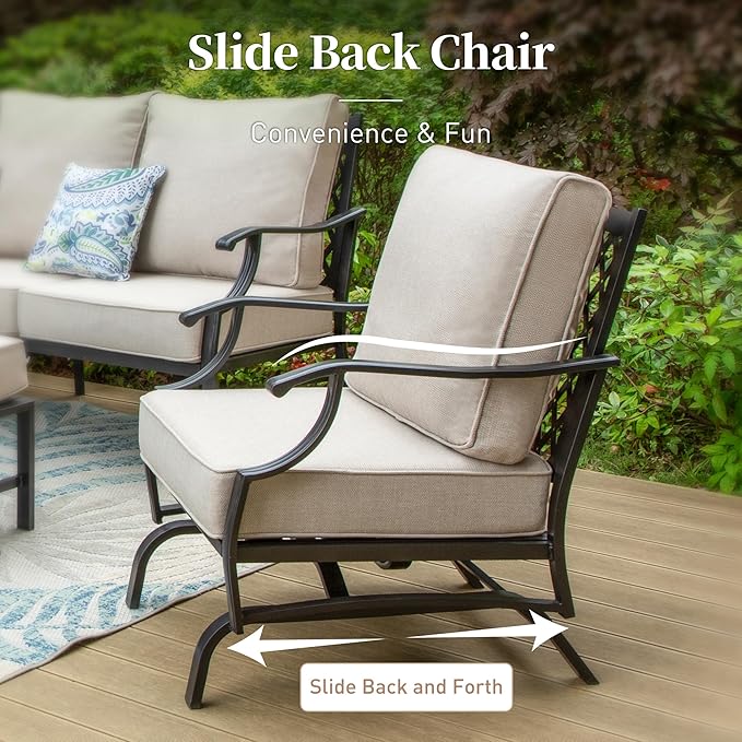 6 Piece Metal Outdoor Patio Furniture Set, Patio Conversation Set 1 3-seater Sofa, 2 Rocking Chair, 2 Leg Chair with 5.75" Thick Cushion and Coffee Table, Backyard Furniture Set, Beige