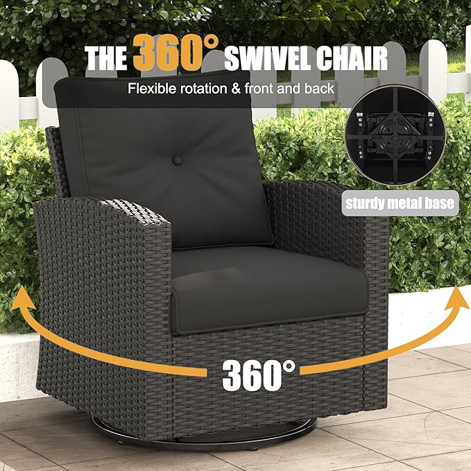 LayinSun 11 Pieces Patio Furniture Set with Fire Pit Table, Black Rattan Modular Sectional Outdoor Conversation Sofa Set, Swivel Rocking Chairs Set