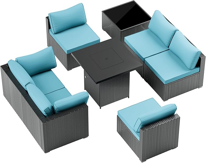Patio Furniture Set with Fire Pit, All-Weather Outdoor Sectional Patio Furniture Set Including 7-Seated Sofa, 28" Gas Fire Pit Table,Coffee Table for Any Patio,Blue