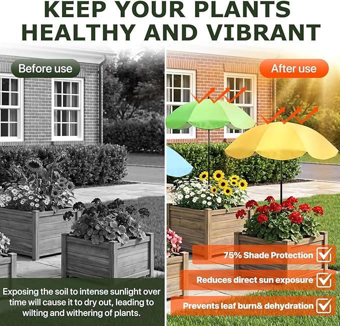 Plant Umbrellas for Outdoor Plants, Upgraded Large Garden Umbrella for Potted Plants Shade with Adjustable Height, 360° Adjustable Direction and Thickened Support Pole, Waterproof Sun Shade for Garden Potted Plants