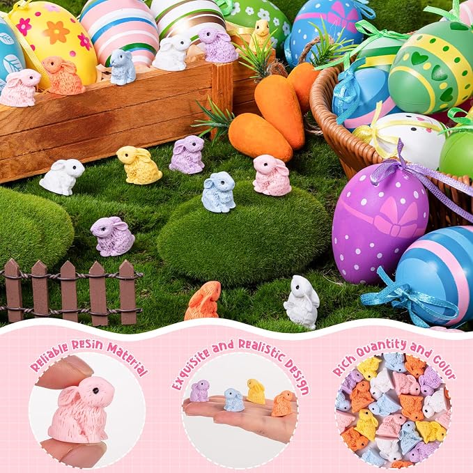 120PCS Miniature Resin Rabbit Easter Bunny Figurines for Easter Egg Fillers | 6 Colors Cute Tiny Bunnies Rabbits Animals, Fairy Garden Dollhouse Cake Home Decor Hidden Game