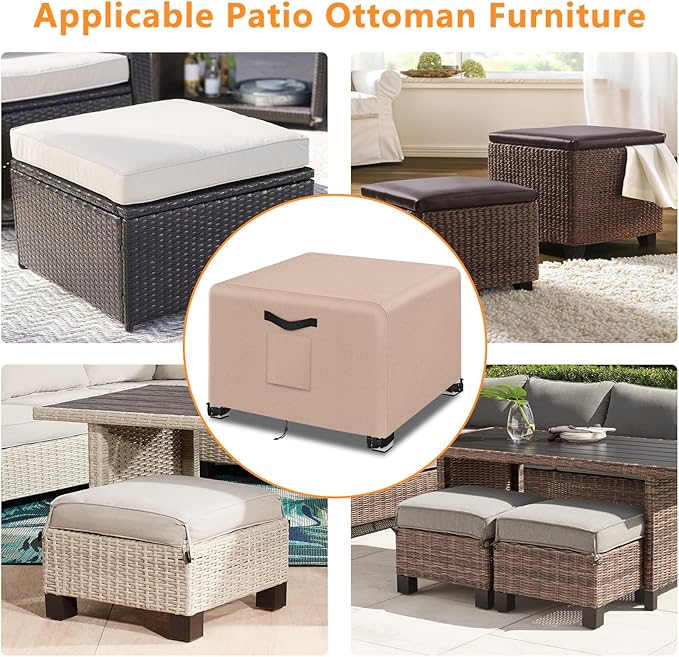 Kovshuiwe 2Pcs Outdoor Waterproof Patio Ottoman Cover 22"L x 22"W x 18"H, Patio Wicker Side Table Cover,Waterproof Square Patio Small Side Table Cover,Khaki