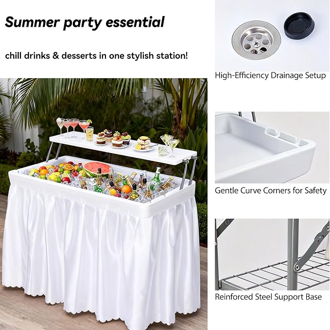DWVO 4 FT Party Ice Cooler Folding Table, 2 Tier Portable Outdoor Cooler Table with Drain White Detachable Skirt, Ice Folding Table for Party Camping Picnic BBQ Wedding