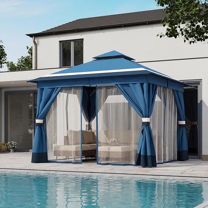 LAUSAINT HOME Patio Gazebo 10'x10', Outdoor Heavy Duty Party Tent Shelter with Double Roofs, Mosquito Nettings and Privacy Screens for Backyard, Garden, Lawn, Steel Blue
