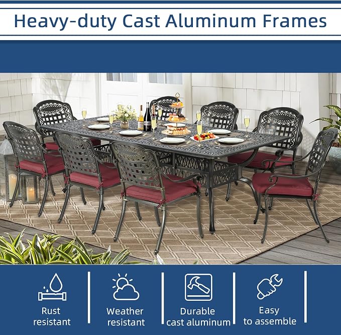 9-Piece Patio Cast Aluminum Dining Set, Outdoor Table and Chairs Set for 8, Includes 94.5" Rectangular Dining Table and 8 Cushioned Chairs with Umbrella Hole for Backyard Lawn Garden, Red