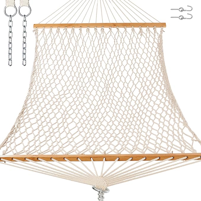 12ft Double Hammocks for Outside, Handwoven Traditional Cotton Rope Hammock with Hardwood Spreader Bar, Chains and Hooks for Indoor Outdoor, Max 450 lbs Capacity(Natural Beige, Medium)