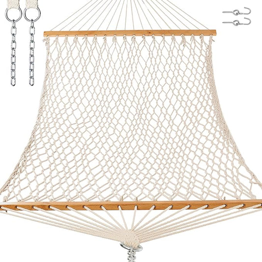GAFETE Double Hammocks for Outside, Handwoven Traditional Cotton Rope 2 Person Hammock with Hardwood Spreader Bar, Chains & Hooks for Indoor Outdoor, Max 450 lbs Capacity (Natural Beige, Medium)