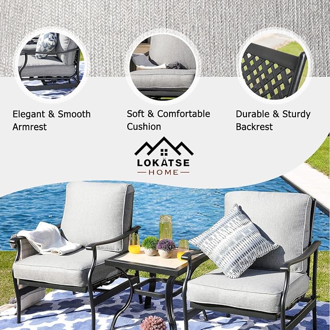 LOKATSE HOME 3 Piece Outdoor Furniture Set with 2 Patio Bistro Conversation Chairs and 21 inch Square Dining Table, Grey