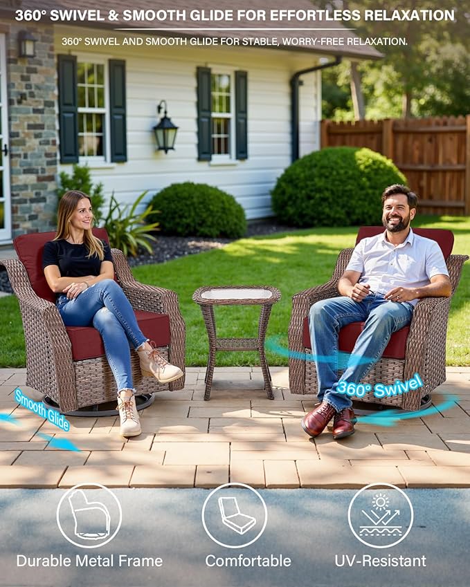 Belord Luxury 6-inch Thick Cushion Patio Furniture Set - Outdoor Swivel Rocker Glider Chairs Set of 4 with Glass Top Side Table, All-Weather Wicker Patio Conversation Set for Deck Balcony Sunroom